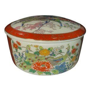 Vintage Satsuma Japanese Peacock Jewelry Box 3.75" Made in Japan